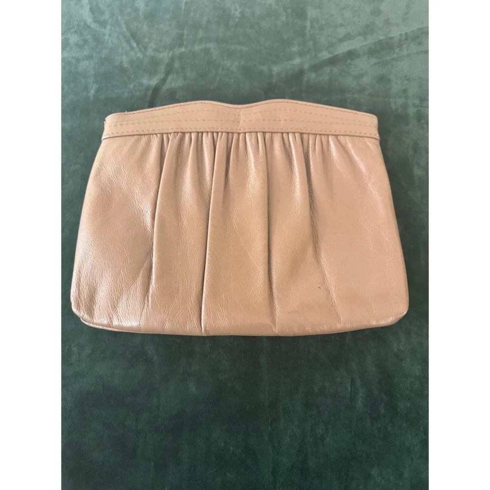 Vintage‎ Clutch Bag Small Tan Leather Pleated Hidden Chain Crossbody Minimal 80s